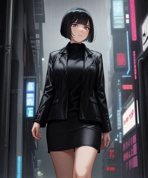(adult woman), (1girl, solo), walking, ((black jacket)), serious, (black hair, bobcut), (blue eyes), ((future city, neotokyo, scifi city, cyberpunk)), (night, rain), ((best quality, high detail)), ((masterpiece)), <lora:1_ino_20e:1>
