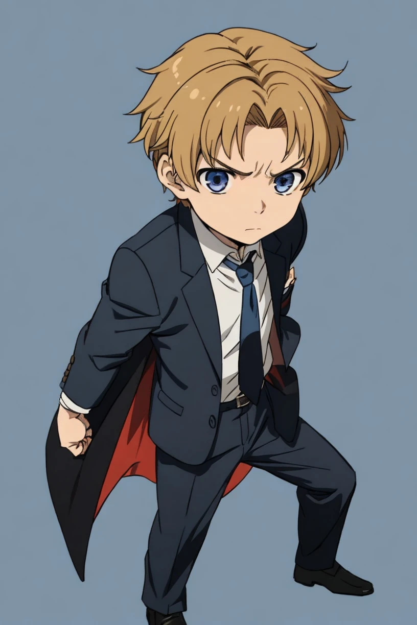 masterpiece, chibi, full body, 1boy, solo, mature male, serious, toshirop5t, suit, shirt, necktie, short hair, cape, hero pose, rudeus, blue background,