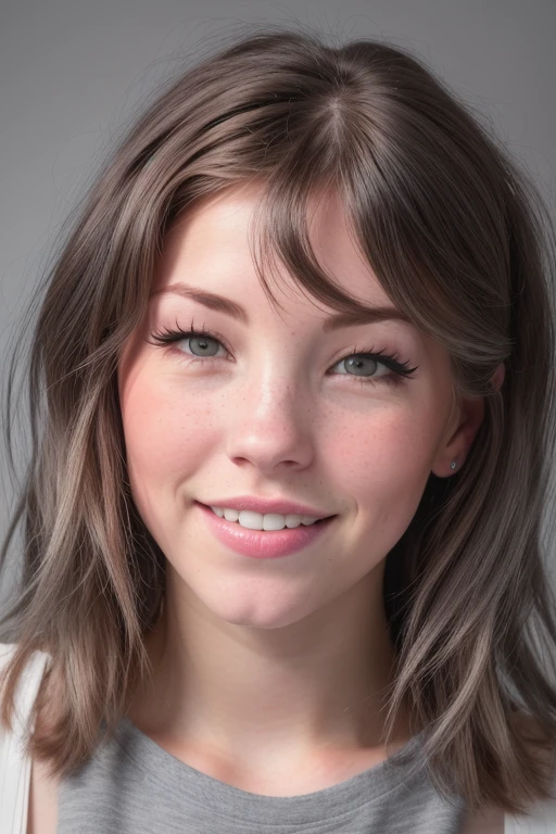 DEN_belle_delphine, Big smile (teeth braces:1.1),
(headshot:1.2) portrait on a (plain grey background:1.2), (headshot:1.2), (face focus:1.1), windswept chaotic hair, soft lighting, low contrast, low saturation,
bokeh, f1.4, 40mm, photorealistic, raw, 8k, textured skin, skin pores, intricate details <lora:epi_noiseoffset2:1>, epiCRealism