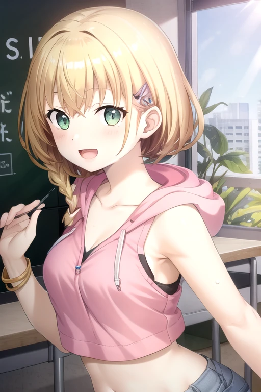 ((masterpiece)),(best quality),official art,extremely detailed CG,unity 8k wallpaper,ultra detailed,beautiful detailed eyes,extremely detailed face,classroom,1girl,solo,upper body,(portrait:1.5),looking at viewer,facing viewer,Hoshiro Remi,smile,short hair,blonde hair,braid,hair ornament,hairclip,hair between eyes,bangs,green eyes,open mouth,:d,collarbone,pink hoodie,hood down,crop top,sleeveless,bare arms,bracelet,jewelry,medium breasts,stomach,navel,short shorts,denim shorts,unbuttoned shorts,sandals,<lora:Hoshiro Remi(sin)>,