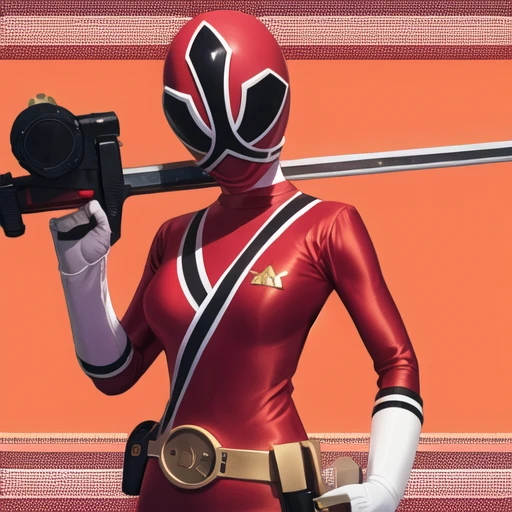 <lora:ranger:0.7>, 1girl, solo, simple colored background, red body suit, hand on hip, large breasts