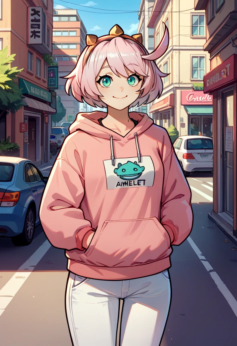 score_9, score_8_up, score_7_up, source_anime, solo, 1girl, striveelphelt, smile, closed mouth, looking at viewer, hand in pocket, ahoge, hairband, pink hoodie, white pants, outdoors, city street <lora:guiltygear_strive_elphelt_ponyXL:1>