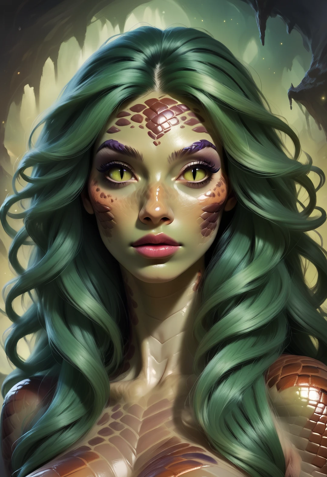a woman <lora:medusa_v8:0.9>, coiling serpent hair, medusa, long hair braid, braided snakes, blurred cyberpunk background, highly detailed, intricate, medusa, cheeky smile, freckles, slit pupils, green eyes, purple serpent skin, vivid eyes, synthetic lighting, tattoo neck, <lora:Paisley:0.6>