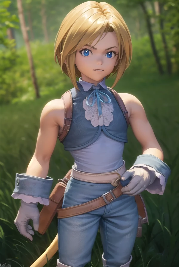 zidanetribal, <lora:zidane tribal-lora-nochekaiser:1>,
zidane tribal, short hair, blue eyes, blonde hair, brown hair, male focus, (parted bangs:1.5),
BREAK shirt, gloves, bare shoulders, tail, white shirt, boots, sleeveless, belt, pants, vest, sleeveless shirt, blue pants, grey gloves, monkey tail,
BREAK outdoors, castle,
BREAK looking at viewer, (cowboy shot:1.5), dynamic pose,
BREAK <lyco:GoodHands-beta2:1>, (masterpiece:1.2), best quality, high resolution, unity 8k wallpaper, (illustration:0.8), (beautiful detailed eyes:1.6), extremely detailed face, perfect lighting, extremely detailed CG, (perfect hands, perfect anatomy),