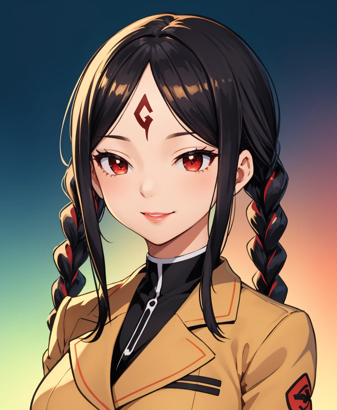 <lora:DR_Mikoto_MSV1:0.7>,drmikoto,black hair, twin braids, side locks, red eyes,mature female,forehead mark,lips,school uniform,gradient background, warm colors,calm smile, closed mouth