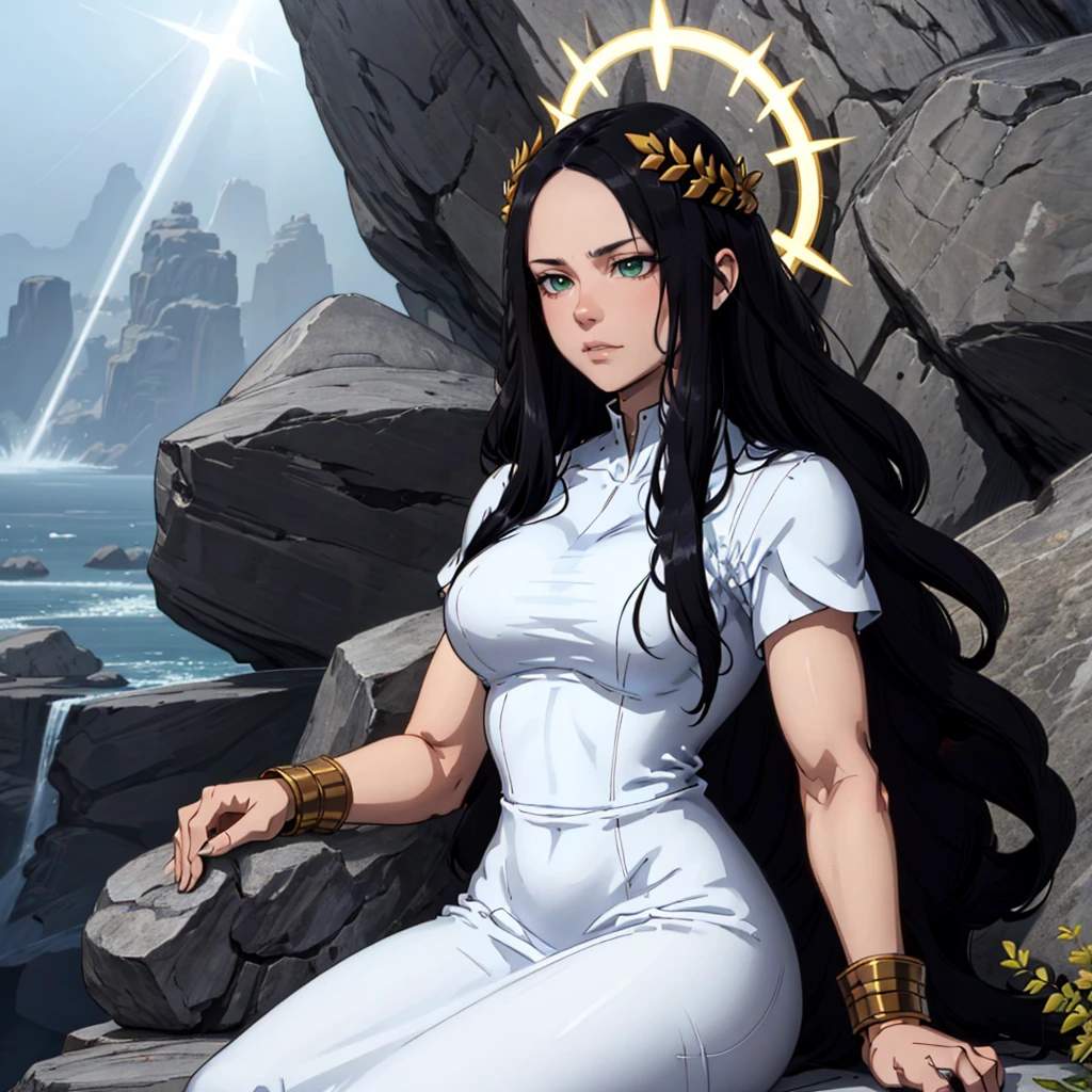 high quality, 1girl, solo, god empress,   long hair, black hair,  brown eyes, laurel crown, parted bangs, forehead, halo, <lora:God_Emperess_Of_Mankind_Leaf1:0.8>,  cowboy shot, disgust,  white dress,  sitting, sitting on rock, god rays,