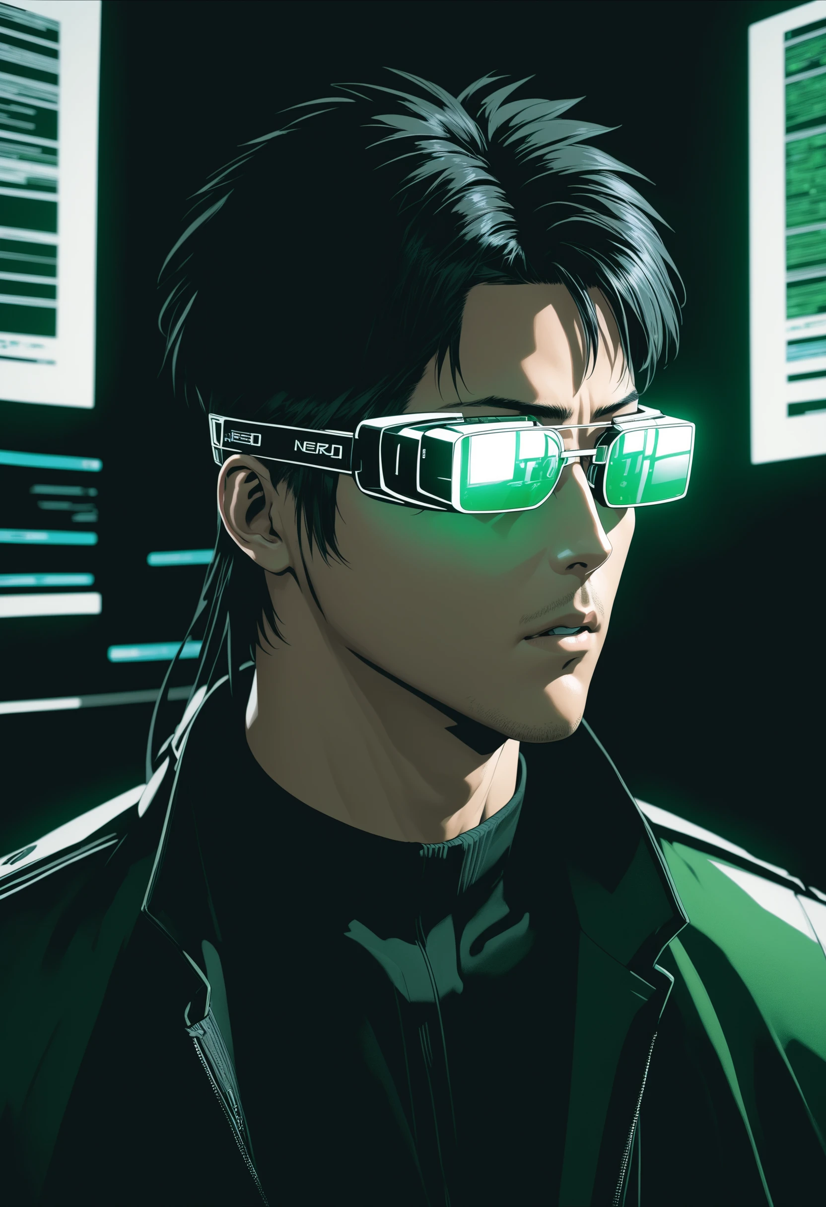 Cybercore Aesthetic, a man wearing a pair of virtual glasses in front of a computer screen with a green background and a black background, Akihiko Yoshida, yukito kishiro, cyberpunk art, neogeo, comic book art, cinematic angle, cinematic lighting, best quality, masterpiece , <lora:Cybercore:0.8>