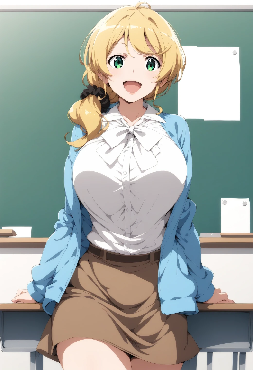 (best quality:1.5, highres, UHD, 4K, detailed lighting, shaders), blonde ponytail, gyaru, large breasts, short sleeve school uniform, cleavage, unbuttoned shirt, sexy, skirt, (pov, close shot), earrings, smiling, standing, classroom background