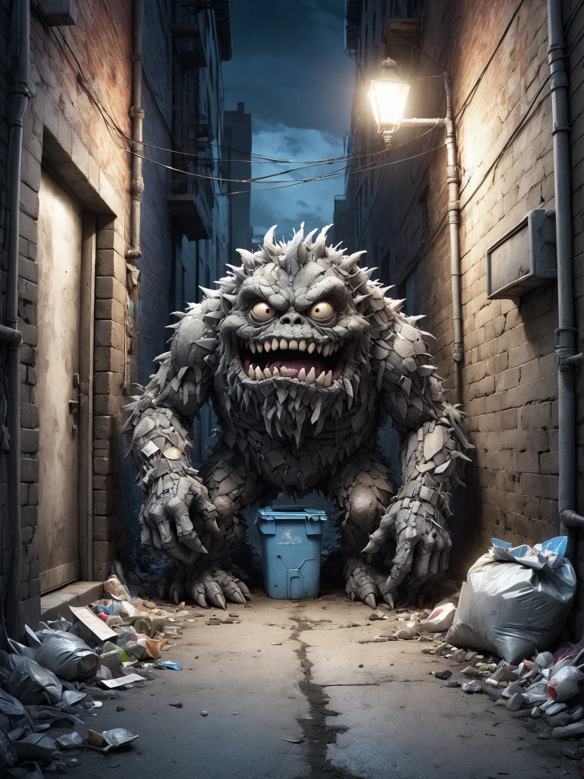 monster in dirty alley at night, (garbage:1.3), darkness, dimly lit <lora:Rubble_SDXL:0.8>, (masterpiece:1.2), best quality, (hyperdetailed, highest detailed:1.2), high resolution textures