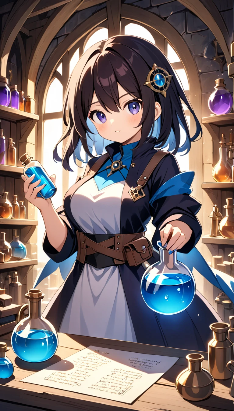 a woman holding a glass of liquid and a book, alchemist girl, she is in the potions workshop, glamor anime witch casting magic, anime moe art style, anime drinks energy drink, anime look of a beautiful girl, black hair wizard, I'm going to make fanart too, casting a spell on a potion, female protagonist 👀 :8, anime young man ( witch outfit with long skirt, white hair tied into a side ponytail that falls to the shoulder. ((whole body)), Model Sheet, perfil