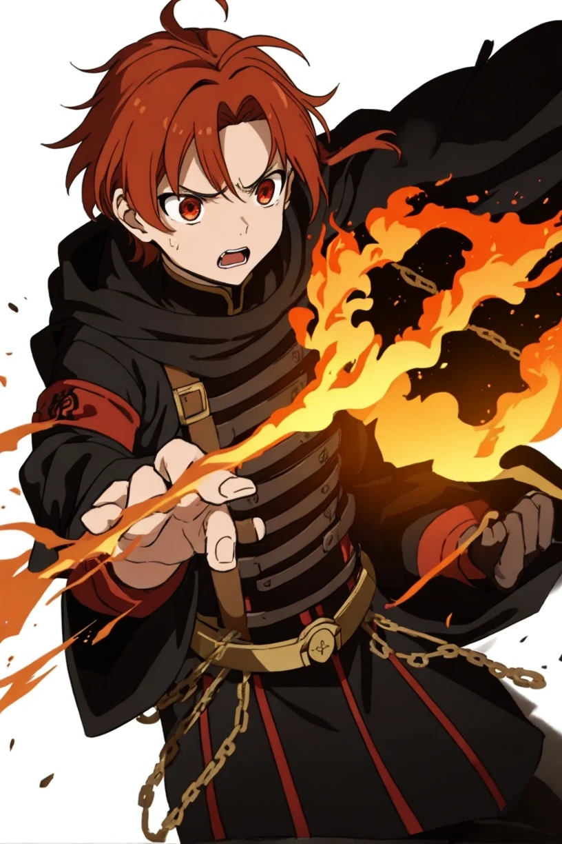 1 boy, rudeus, anime boy, anime, boy, masterpiece, full body, ultra-detailed, black and red hair, windy hair, long hair,(angry:1.8), (crying:2.0), rage, sad, black hoodie, fire magic, necklace, broken gem, chains around, chains shield, (tears:2.4), black gloves, raised eyebrows, (screaming:1.6), power blast, fire energy, true power, true form, evolution, fire aura, fire shield, (red eyes:2.5), jitome, night burnt forest scene, solo, UHD, super detail, forest in ashes, combat, sunset, fire particles, ashes, red and dark colors, ((masterpiece)), revenge,