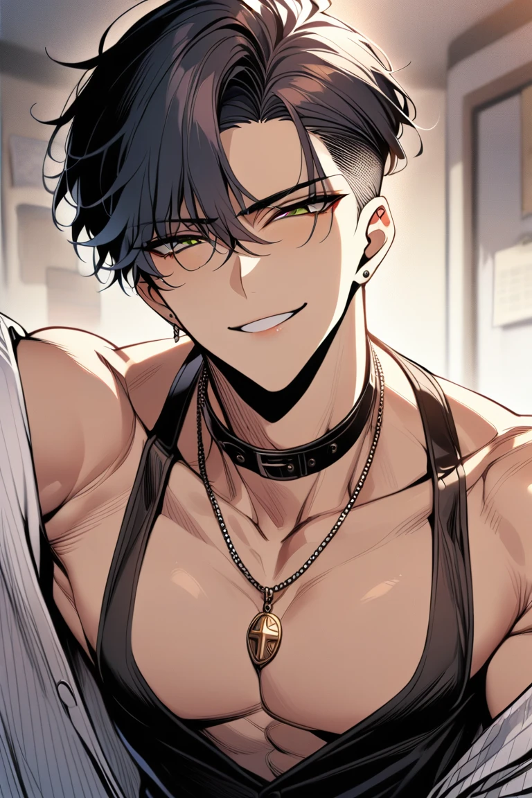 1boy,black_hair,undercut,smirk,green_eyes,korean_fashion,pendant,jesus_pendant,(masterpiece,best quality,highres:1.3),detailed,manhwa, detailed_face<lora:EMS-289246-EMS:0.700000>, <lora:EMS-310465-EMS:0.800000>