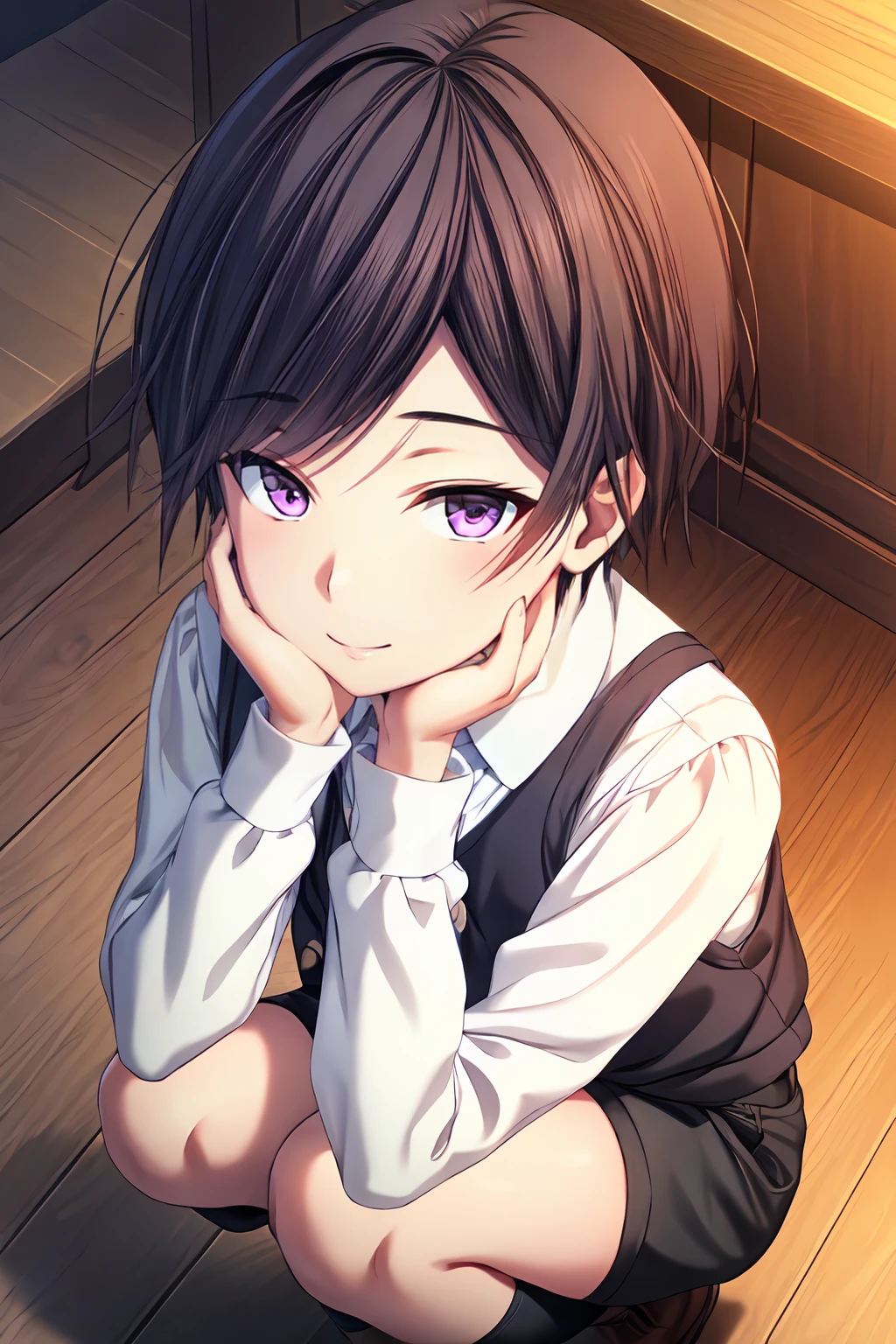 (masterpiece, best quality:1.2), highres, game cg, extremely detailed CG, 4k, 8k, 1boy, solo, male focus, light smile, closed mouth, 
koryui_V1, otoko no ko, androgynous, black hair, short hair, swept bangs, purple eyes,
black bowtie, white shirt, collared shirt, long sleeves, 
black vest, buttons, black shorts, short shorts, black socks, kneehighs, 
squatting, hand on own face, 
indoors, cowboy shot, looking at viewer, from above, 
<lora:add_detail_CyberAlchemist:0.4>, <lora:koryuiV1:0.90>,