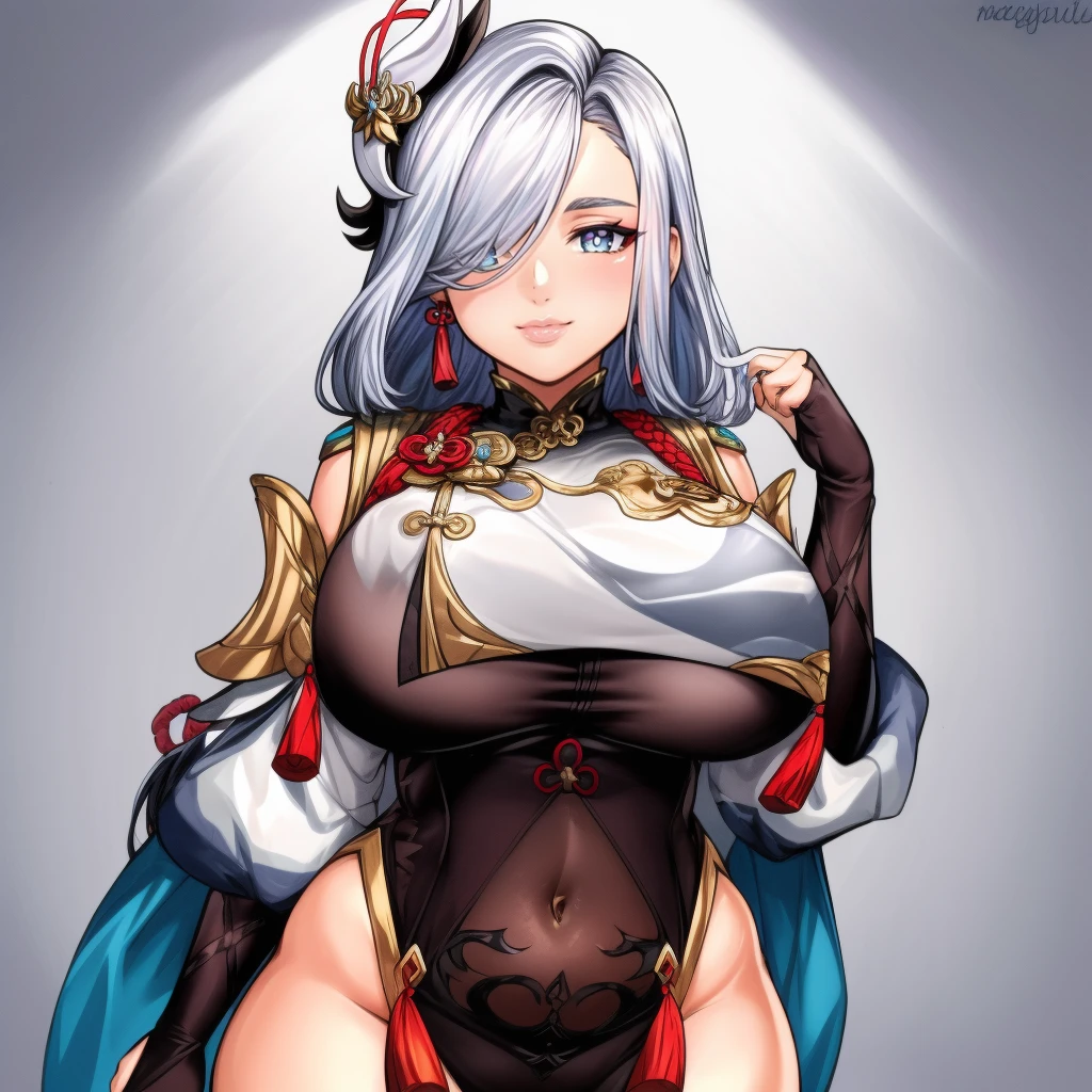 (masterpiece, best quality:1.3), 1girl, solo, wide hips, large breasts, thick thighs, mature female, perfect hands, looking at viewer, seductive smile, closed mouth, plump, lips, cowboy shot, <lora:add_detail:.5>   <lora:Keigi Style Lora:1>, shenhe \(genshin impact\), grey hair, long hair, hair ornament, hair over one eye, blue eyes, earrings, braided ponytail, puffy sleeves, gold trim, gloves, bodysuit, breast curtain, shoulder cutout, covered navel, hip vent, clothing cutout, tassel  <lora:shenhe:.8>