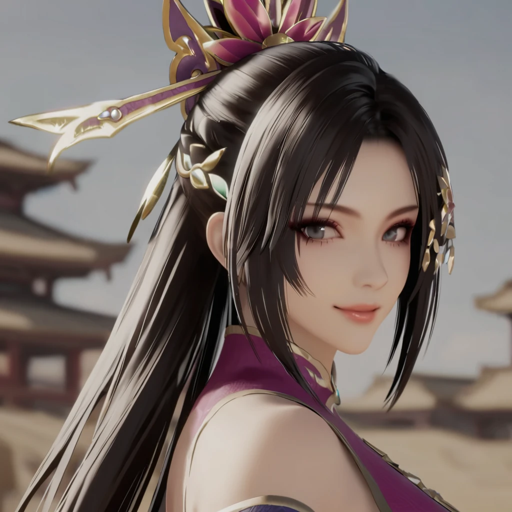 masterpiece, best quality, diaochan \\(dynasty warriors\\), hair ornament, looking at viewer, portrait, smile, from side,  <lora:è²è_xl:0.8>