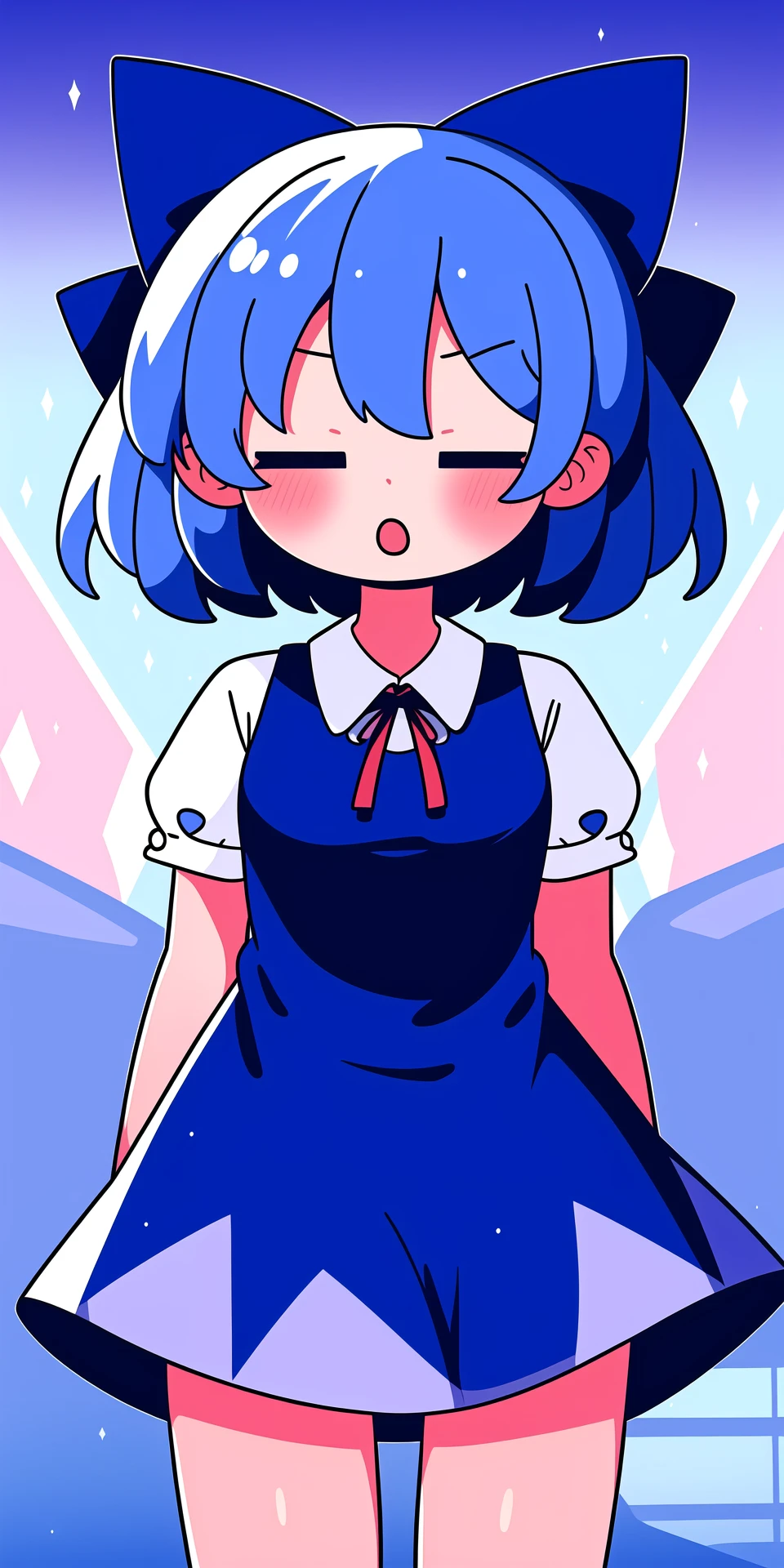 blue_dress, blue_hair, cirno, hair_bow, open_mouth, blue_bow, bow, dress, hammer_\(sunset_beach\), hair_between_eyes, ice_wings, shirt, detached_wings, closed_eyes, touhou, 1girl, facing_viewer, (blush:1.2), collared_shirt, wings
<lora:adventure:0.7>