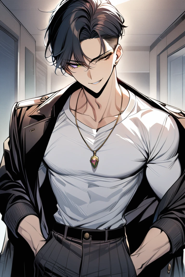 1boy,black_hair,undercut,smirk,green_eyes,korean_fashion,white_shirt,black_coat,trousers,pendant,jesus_pendant,(masterpiece,best quality,highres:1.3),detailed,manhwa, detailed_face<lora:EMS-289246-EMS:0.700000>, <lora:EMS-310465-EMS:0.800000>