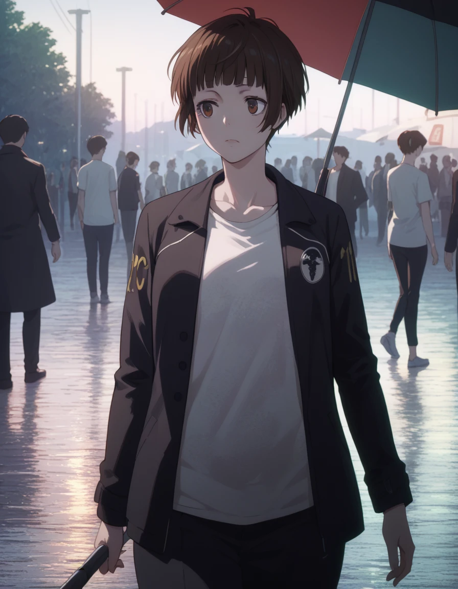 score_9, score_8_up, score_7_up, score_6_up, score_5_up, score_4_up, source_anime,
<lora:akane-yayoi-ponyxl:1>
1girl, tsunemori, black jacket, white shirt, t-shirt, walking, outdoors, holding umbrella, night