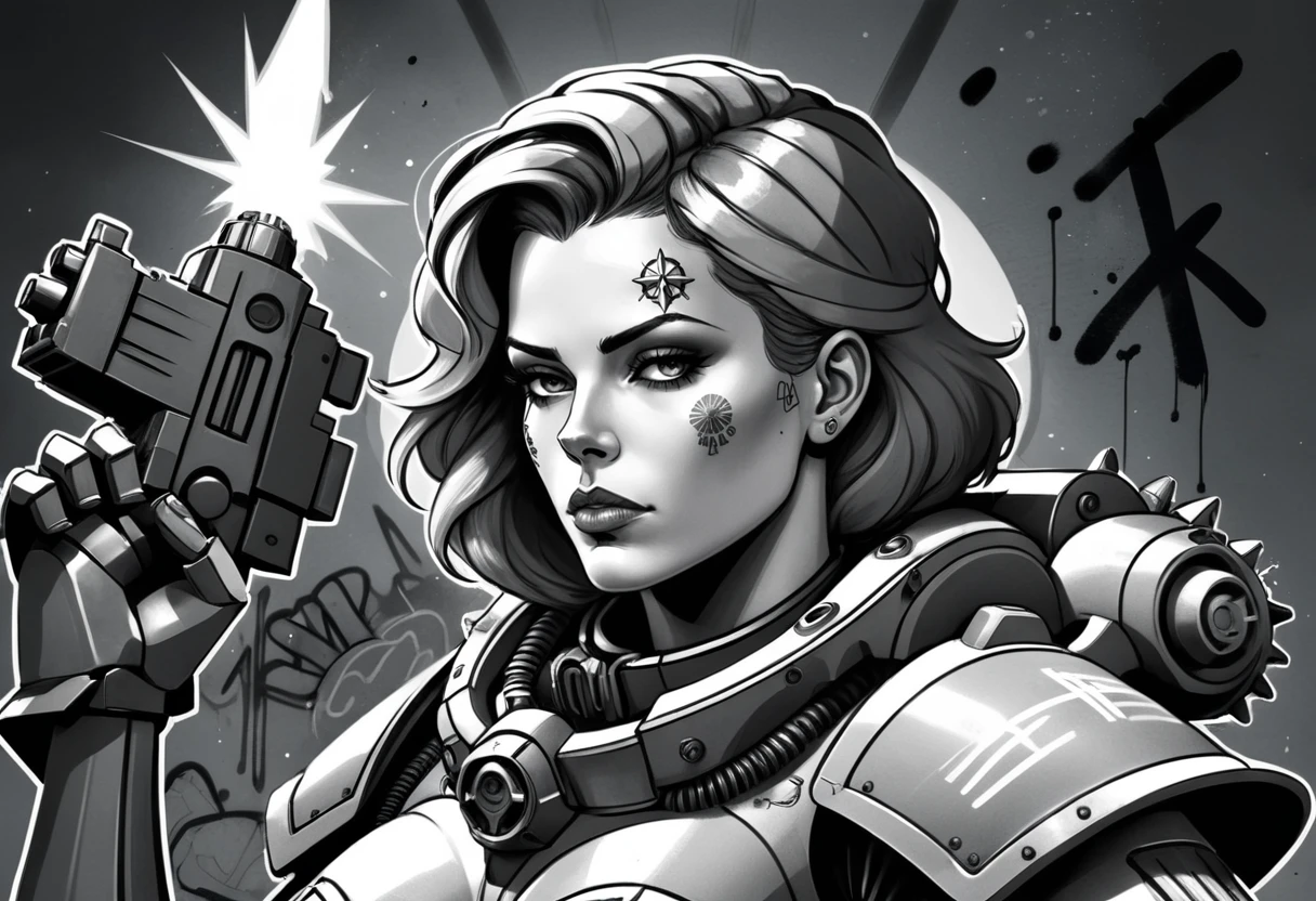 (Digital Illustration), beautiful Sister of Battle, Black and white power armor, blush, halo above her head, portrait, cleavage, dynamic composition, graffiti \(style\), bold lines, dramatic shading, color splashes, line art, limited color palette, extremely detailed, Punk,
<lora:Sisters-of-Battle-subset-000004:1>