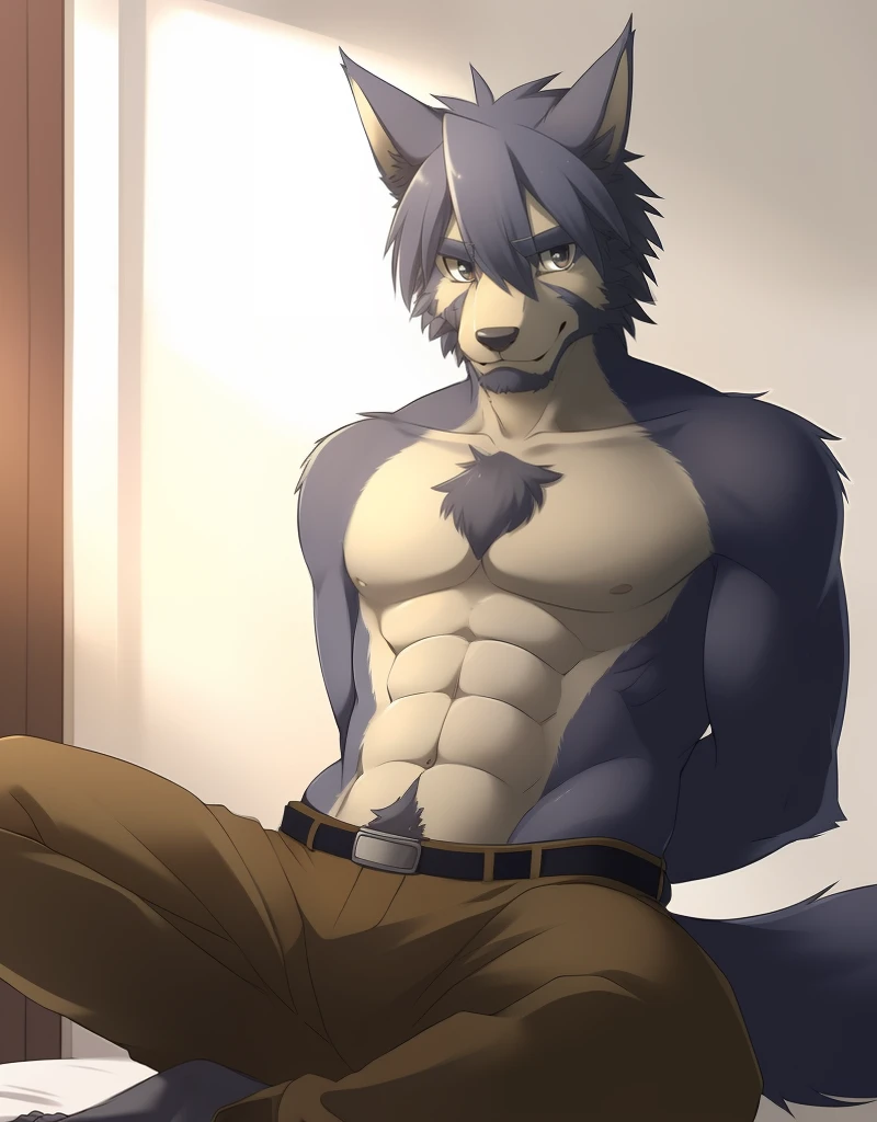 (((detailed eyes, detailed face))), (furry, mitsuhisa <lora:character_mitsuhisa_findigo_v1:0.9>, two-tone fur, grey hair, facial hair, chest hair, wolf boy, snout, old man, black eyes), male, (solo), (plump), (brown pants, topless), sitting, (arms behind back), smile, (front view) BREAK (konzaburou, ukan_muri, cute), bedroom, (flat shading, high brightness), 8k, UHD, masterpiece, (full body)