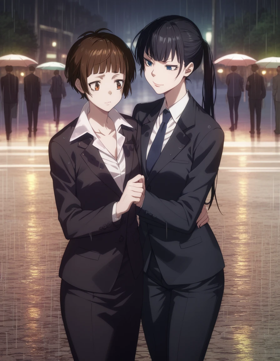 score_9, score_8_up, score_7_up, score_6_up, score_5_up, score_4_up, source_anime,
<lora:akane-yayoi-ponyxl:0.5>
2girls, outdoors, rain, street, night
BREAK
tsunemori, suit jacket, gloom \(expression\)
BREAK
kunizuka, pant suit, smirk
