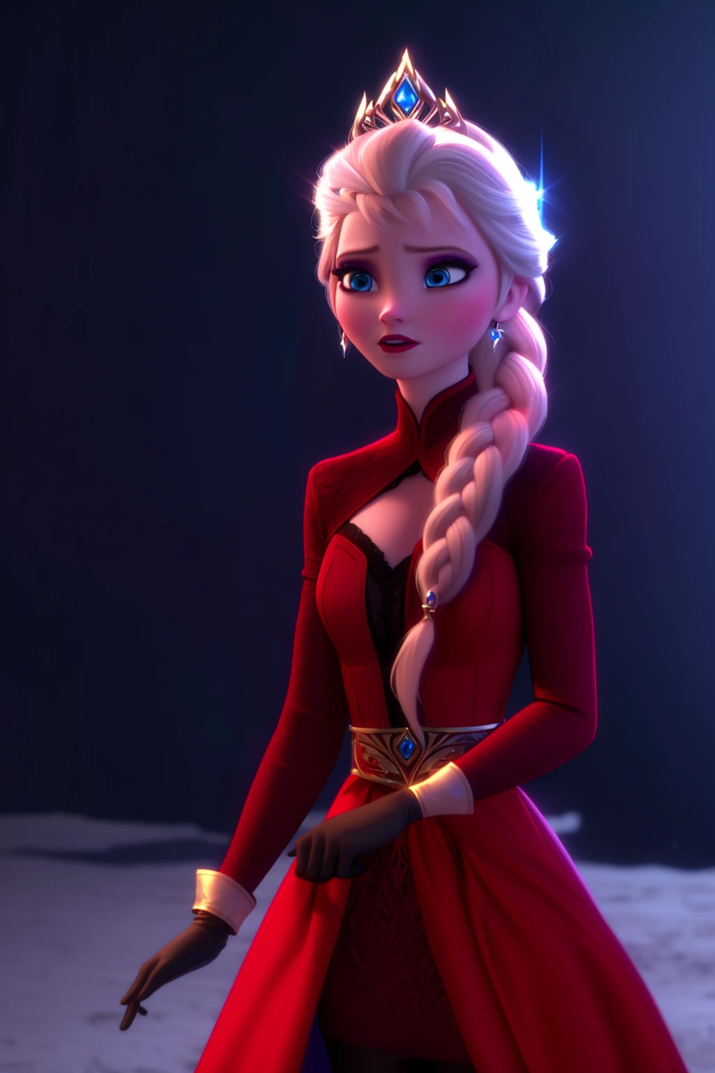 sysdeep_elsa, 1girl, solo, blue_eyes, blonde_hair, gloves, braid, single_braid, makeup, own_hands_together, tiara, lipstick, eyeshadow, red_dress, short_dress, red_pantyhose