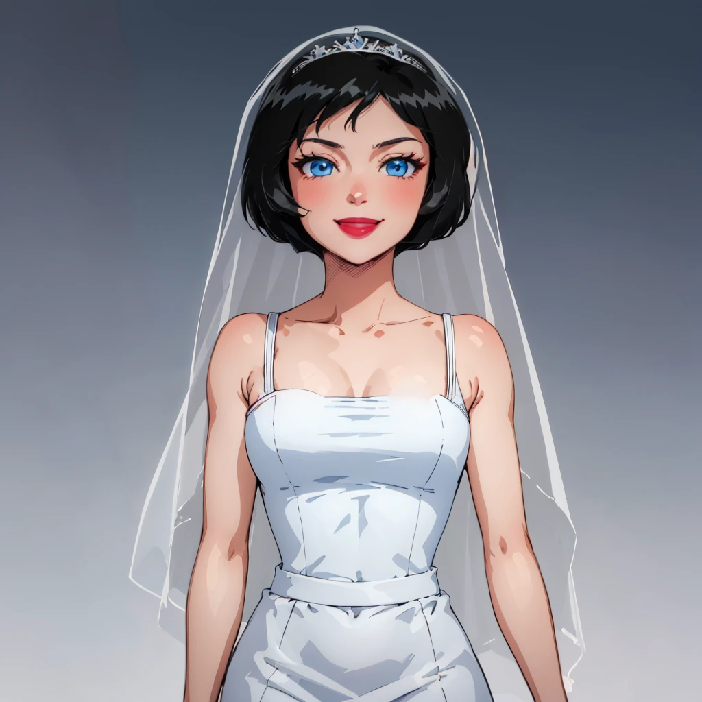 1girl,solo, Dominique   , short hair, black hair, blue eyes, lipstick, smile, retro artstyle, <lora:Dominique_TotallySpies_Leaf1:0.8>, cowboy shot,   looking at viewer, gradient background, bridal veil, white dress, veil, bridal  ,