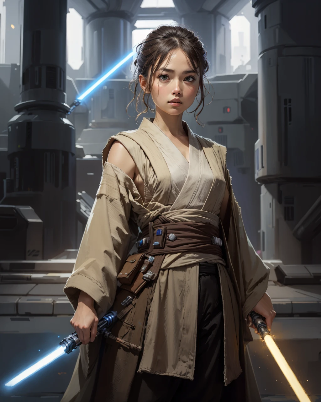 best quality,masterpiece,highly detailed,ultra-detailed,
jediwithlightsaber,jedi,energy sword, holding lightsaber, star wars,
1girl, standing, belt,kimono, portrait,
<lora:neg4all_bdsqlsz_V3.5:-1>
<lora:jediwithlightsaber:1>
<lora:gouache:0.75> painting by gouache