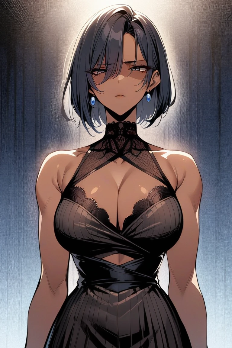 1girl,solo,milf,dark_skin,shaded_face,shaded_face,cold_personality,intimidating,mature_female,dangerous_expression,dress,black_hair,bob_cut,(masterpiece,best quality,highres:1.3),detailed,manhwa, detailed_face<lora:EMS-289246-EMS:0.700000>, <lora:EMS-310465-EMS:0.800000>