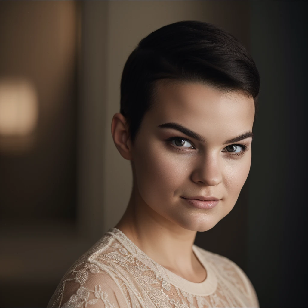 Best_QualityPos, RAW photo, intricate details, best quality, 8k uhd, soft lighting, 1girl, solo, Brianna Hildebrand, buzz cut, black hair, brown eyes, smug <lora:Brianna_Hildebrand:0.5>