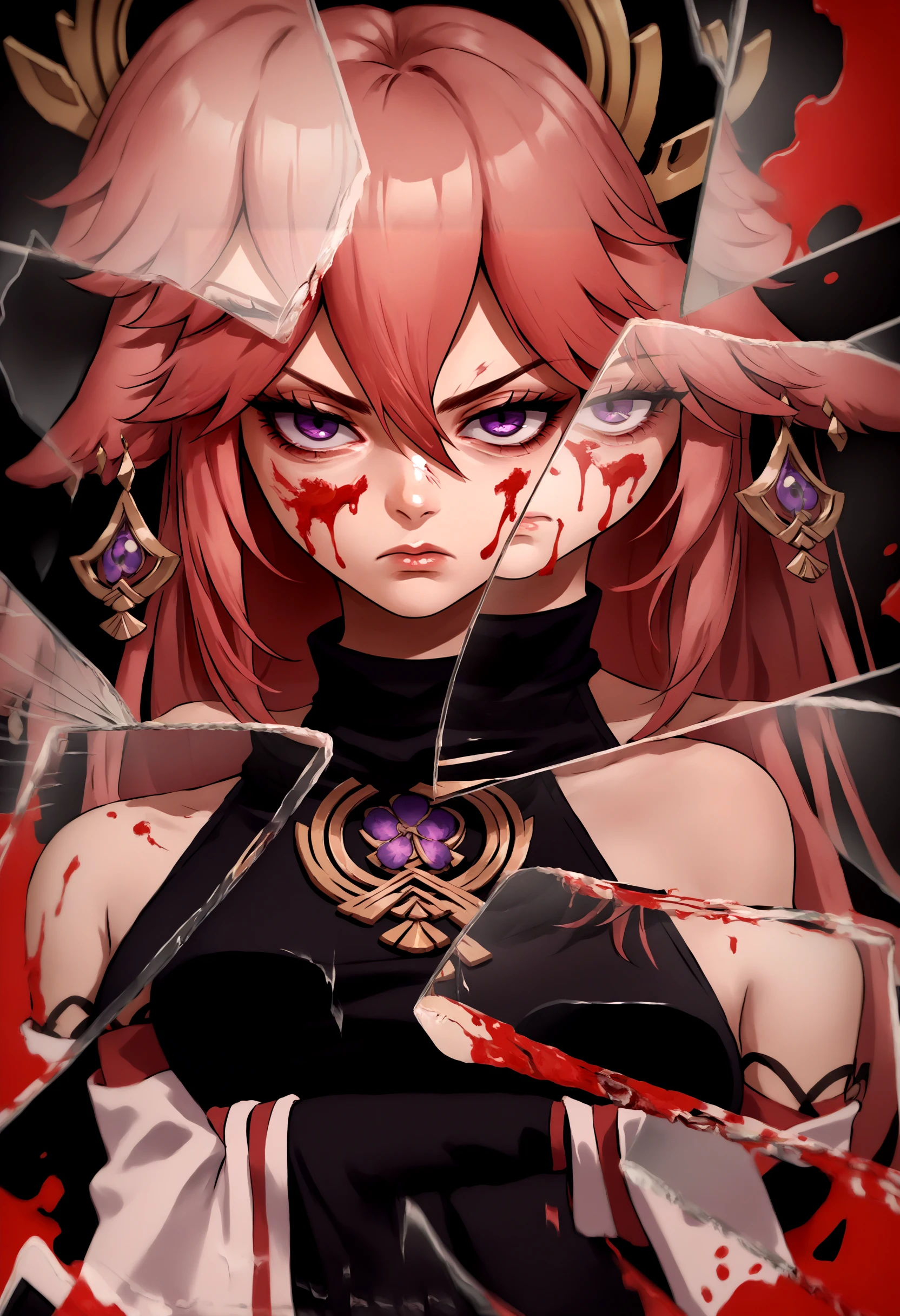 score_9, score_8_up, score_7_up, source_anime, 1girl, IncrsXLBrknGls, broken glass, reflection, upper body, <lora:BreakingGlassXLPDCAME-000008:1>, yae miko, black dress, blood, blood on face, blood on clothes, blood on glass, serious,