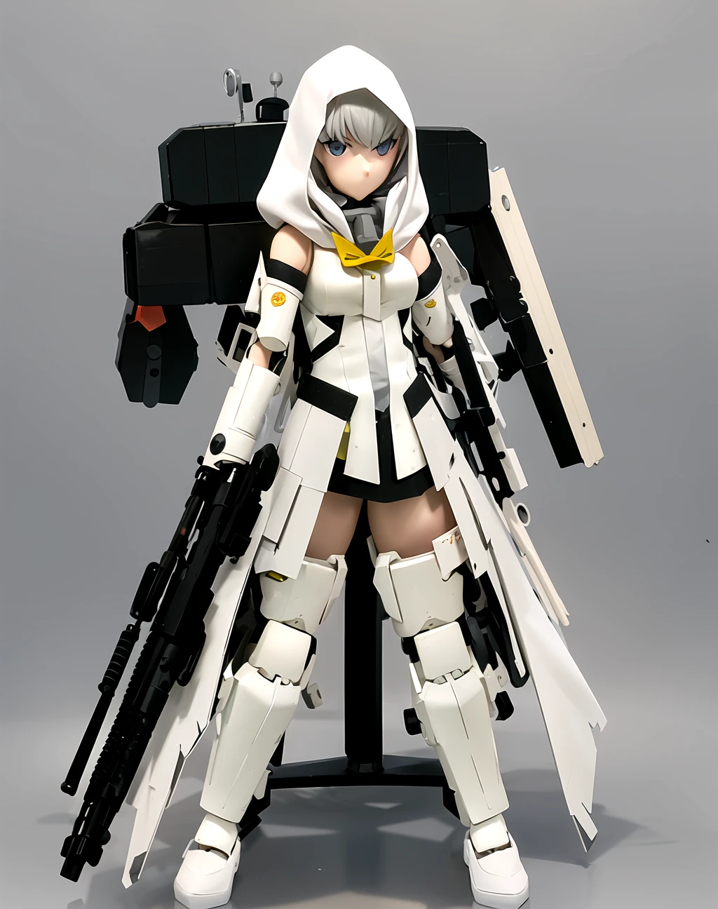 1girl, (solo:1.5), hood up, white robe, white hood, light grey hair, light grey eyes, doll joints, mecha musume, gloves, looking at viewer
bazooka, rifle, gun
 <lora:biplamechashoujo_v1:1>, biplamechashoujo