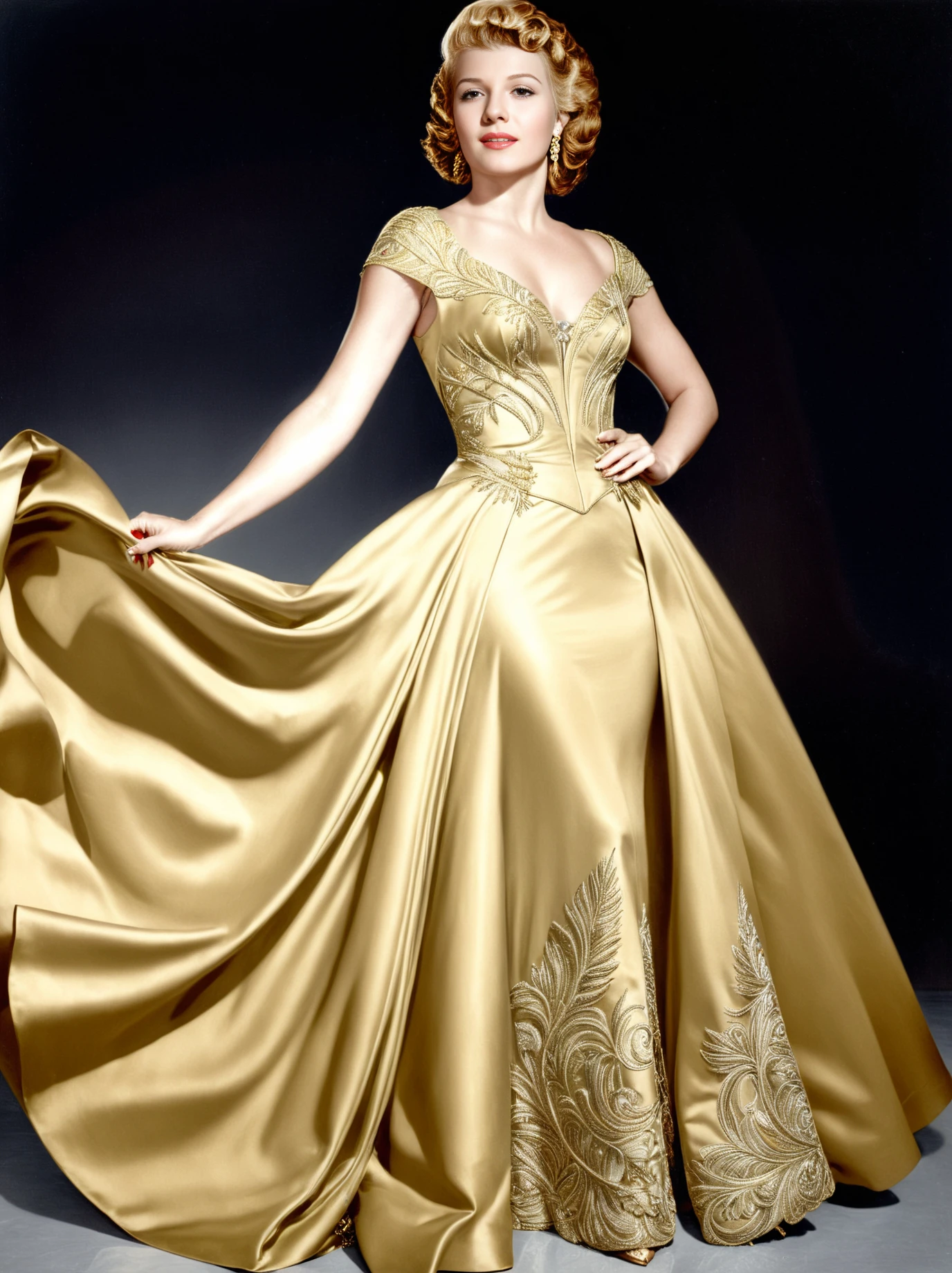 High Fashion, Photorealism portrait of  RitaHeyworthSDXL wearing an (intricate elegant:1.4)  golden gown <lora:RitaHeyworthSDXL-000009:1>, (modern style:1.4), Photorealism, often for highly detailed representation, photographic accuracy, or visual illusion., dynamic, dramatic, haute couture, elegant, ornate clothing, High Fashion