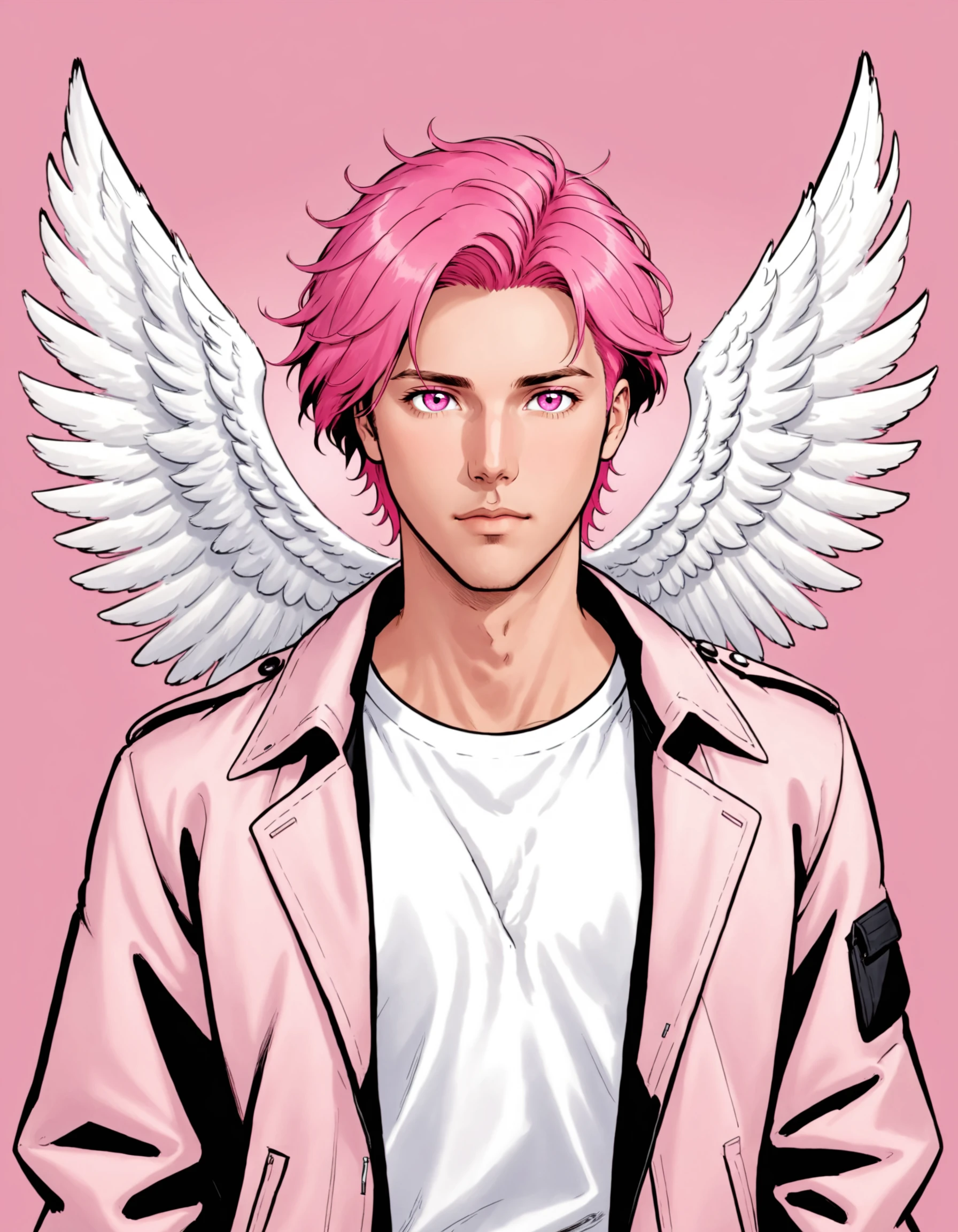 0b4k3sks style, solo, looking at viewer, short hair, shirt, 1boy, closed mouth, jacket, white shirt, upper body, pink hair, male focus, open clothes, wings, collared shirt, pink eyes, open jacket, pink background, feathers, feathered wings, angel wings, white wings, pink jacket,  masterpiece, official art, <lora:PoltergeistMixStyle:0.8>