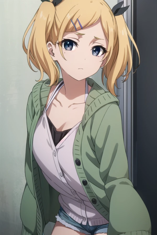 erikayano, <lora:erika yano s1-lora-nochekaiser:1>,
erika yano, short hair, blonde hair, hair ornament, twintails, hairclip, mole, (grey eyes:1.3), mole under eye, short twintails, ribbon, hair ribbon,
BREAK cardigan, shorts, (green cardigan:1.2), thighhighs, striped, striped thighhighs, grey shorts,
BREAK indoors, office,
BREAK looking at viewer, (cowboy shot:1.5), dynamic pose,
BREAK <lyco:GoodHands-beta2:1>, (masterpiece:1.2), best quality, high resolution, unity 8k wallpaper, (illustration:0.8), (beautiful detailed eyes:1.6), extremely detailed face, perfect lighting, extremely detailed CG, (perfect hands, perfect anatomy),