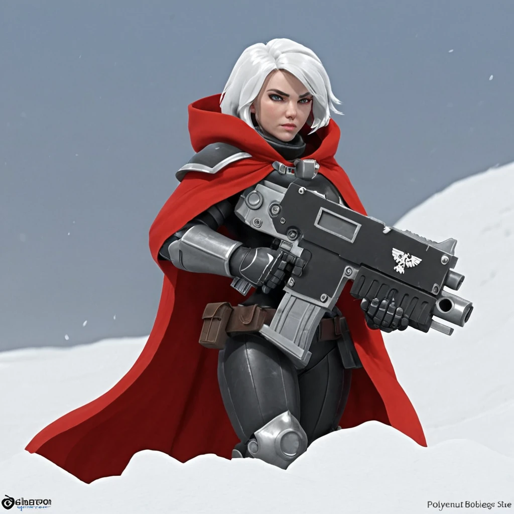 solo sister of battle, white hair, black and red power armor, aiming (a bltgun bolter weapon) in her hand, red cloak, white hair, snow, ice, blizzard, battlefield, glory, charge, High quality 3D rendering, fantasy, Pixar 3D character design style, ZBrush high-polygon modeling,