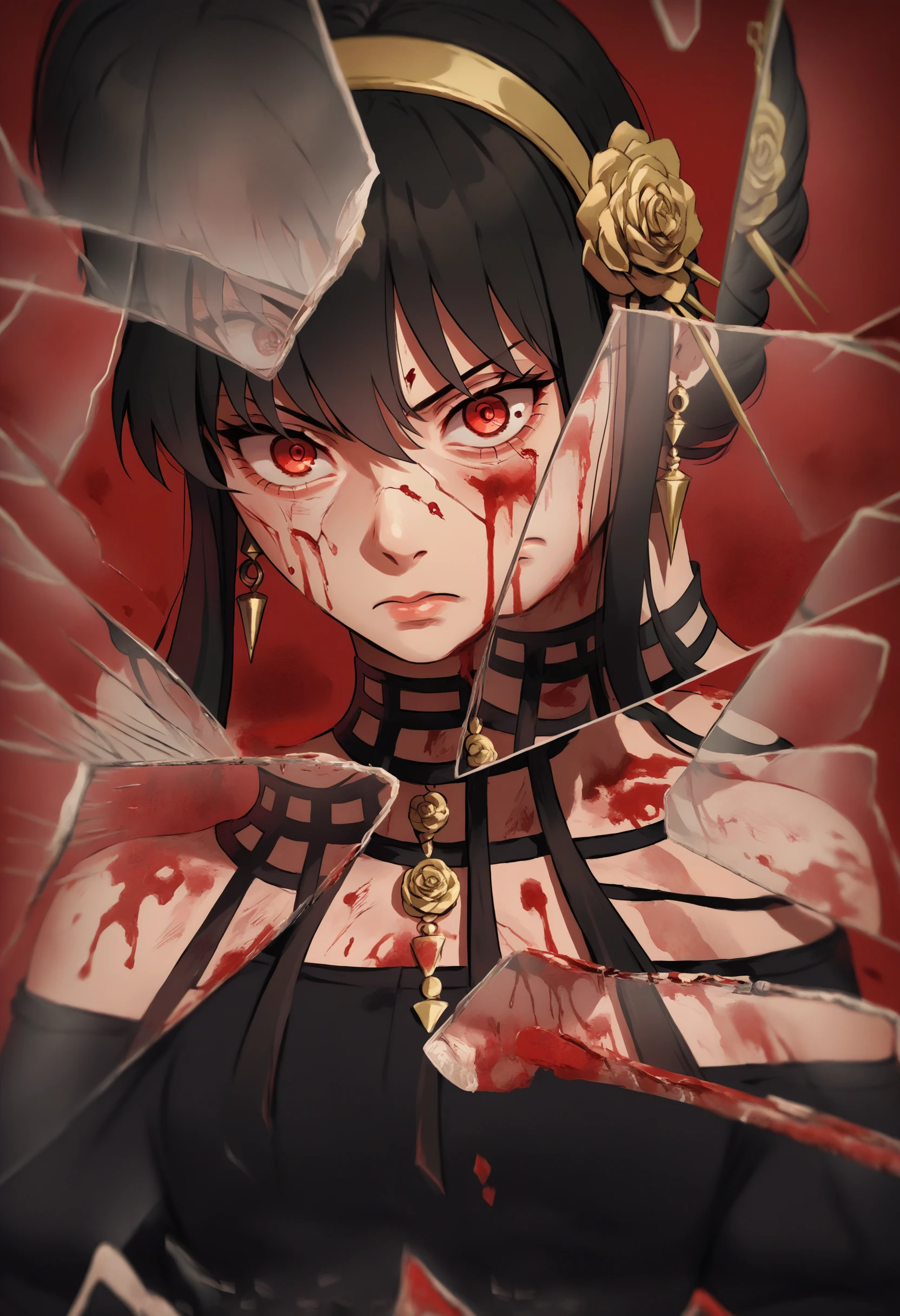 score_9, score_8_up, score_7_up, source_anime, 1girl, IncrsXLBrknGls, broken glass, reflection, upper body, <lora:BreakingGlassXLPDCAME-000008:1>, yor briar, black dress, blood, blood on face, blood on clothes, blood on glass, serious,