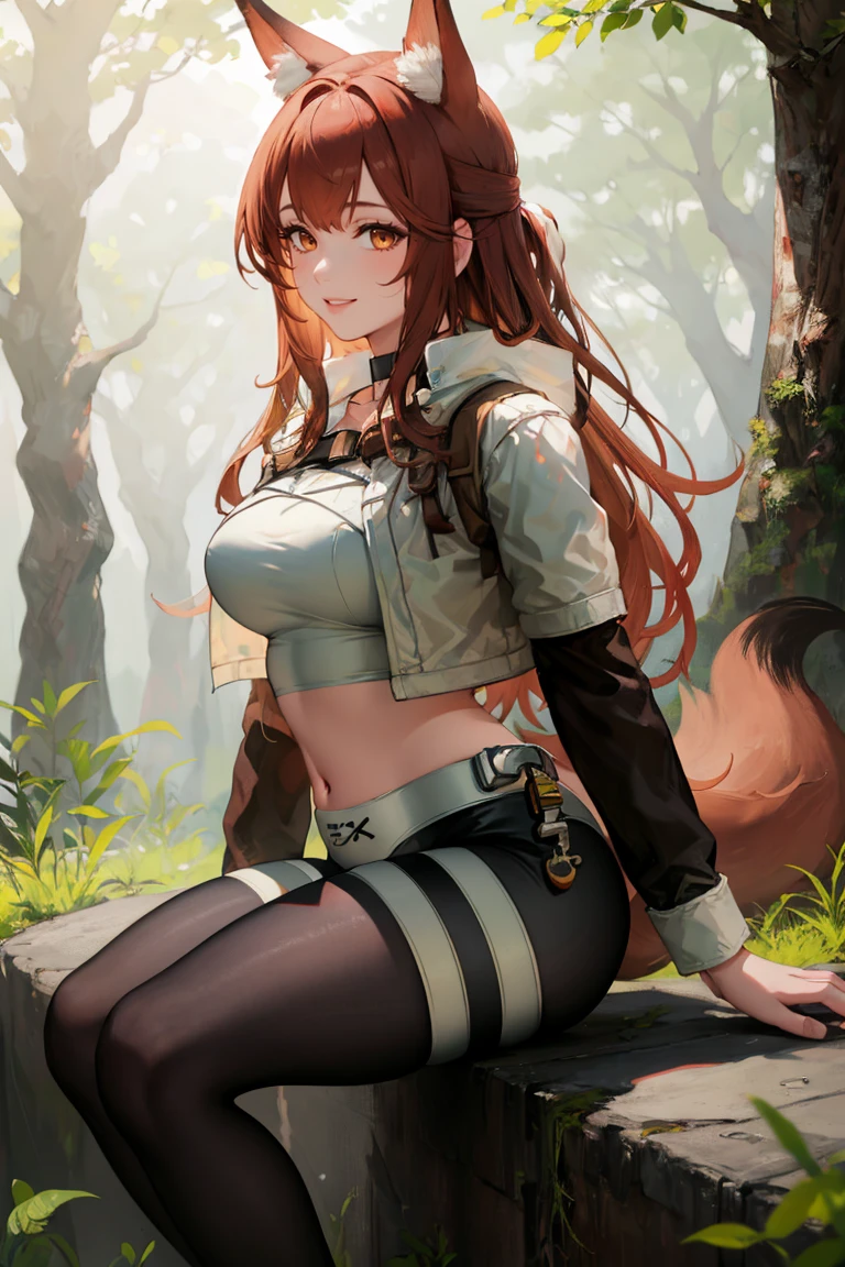 masterpiece, best quality, absurdres, 1girl, solo, FrankaRainforest, long hair, black choker, crop top, white jacket, cropped jacket, midriff, black shorts, black pantyhose, fox tail, outdoors, forest, sitting on rock, smile, <lora:FrankaArknights:1>