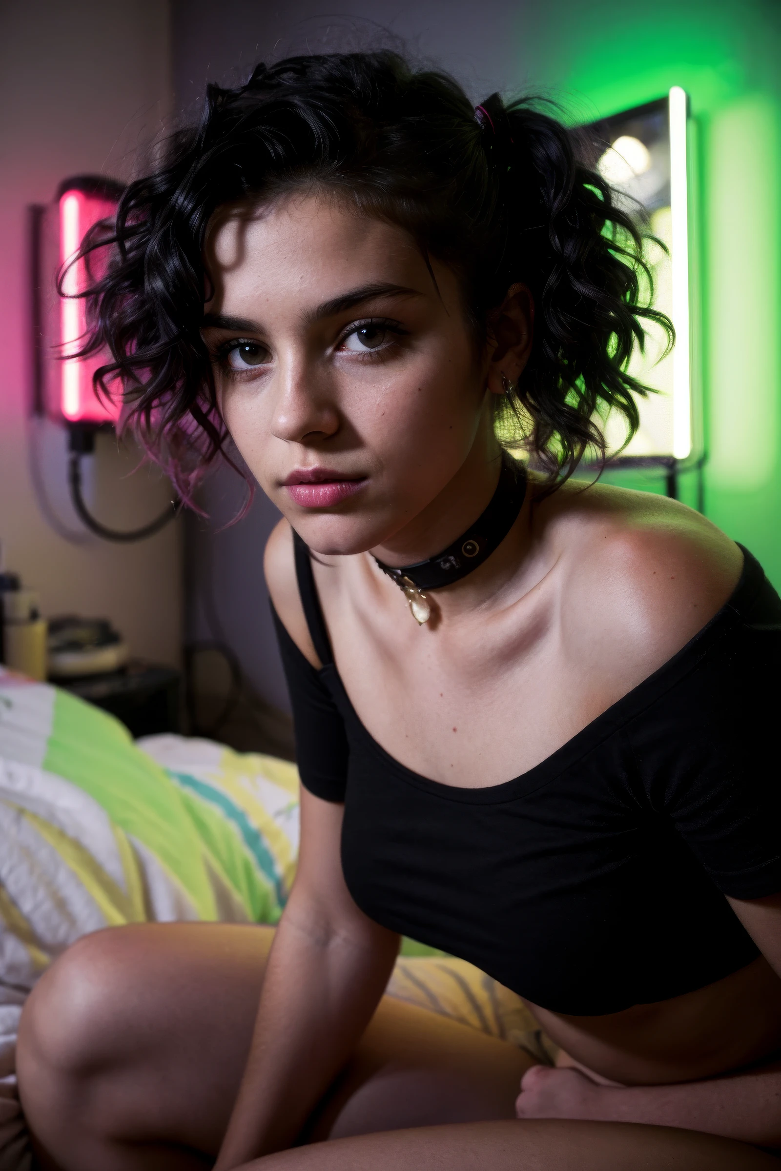 (analog photo:1.1), (a punk girl:1.15), green short curly hair, (black t-shirt:1.15), (20 years old, young:1.2), petite, (pubic hair:1.1), choker, cream eyeliner, european, cozy bedroom, (neon glow, cyberpunk:1.2), waves, warm colors, (inviting expression:1.05), shallow depth of field, vignette, highly detailed, high budget Hollywood film, bokeh, cinemascope, moody, epic, gorgeous, film grain