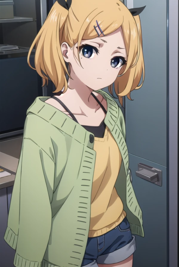 erikayano, <lora:erika yano s1-lora-nochekaiser:1>,
erika yano, short hair, blonde hair, hair ornament, twintails, hairclip, mole, (grey eyes:1.3), mole under eye, short twintails, ribbon, hair ribbon,
BREAK cardigan, shorts, (green cardigan:1.2), thighhighs, striped, striped thighhighs, grey shorts,
BREAK indoors, office,
BREAK looking at viewer, (cowboy shot:1.5), dynamic pose,
BREAK <lyco:GoodHands-beta2:1>, (masterpiece:1.2), best quality, high resolution, unity 8k wallpaper, (illustration:0.8), (beautiful detailed eyes:1.6), extremely detailed face, perfect lighting, extremely detailed CG, (perfect hands, perfect anatomy),