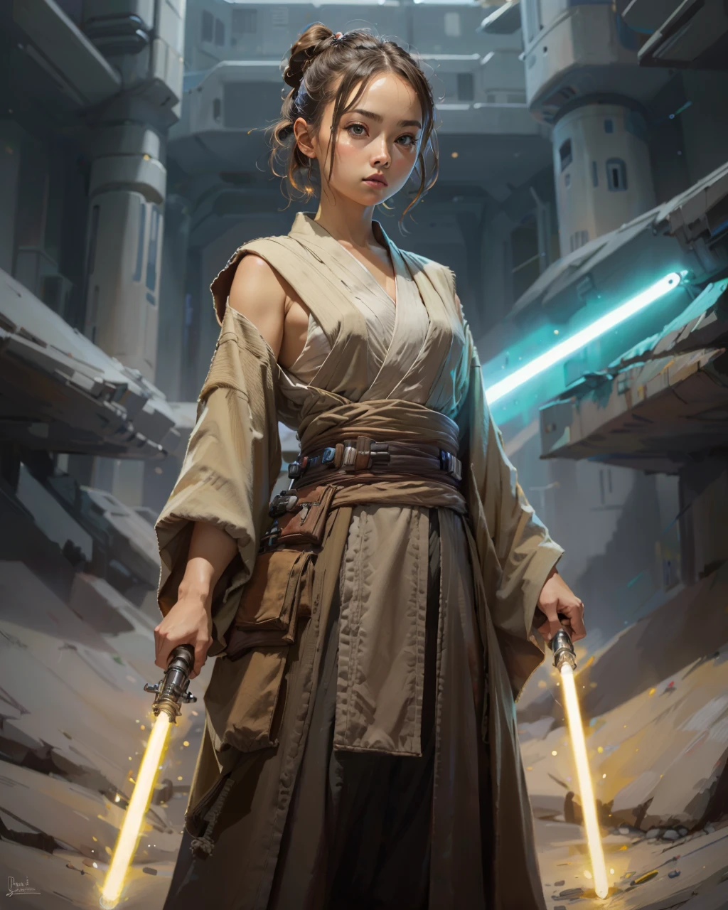 best quality,masterpiece,highly detailed,ultra-detailed,
jediwithlightsaber,jedi,energy sword, holding lightsaber, star wars,
1girl, standing, belt,kimono, portrait,
<lora:neg4all_bdsqlsz_V3.5:-1>
<lora:jediwithlightsaber:1>
<lora:gouache:0.75> painting by gouache