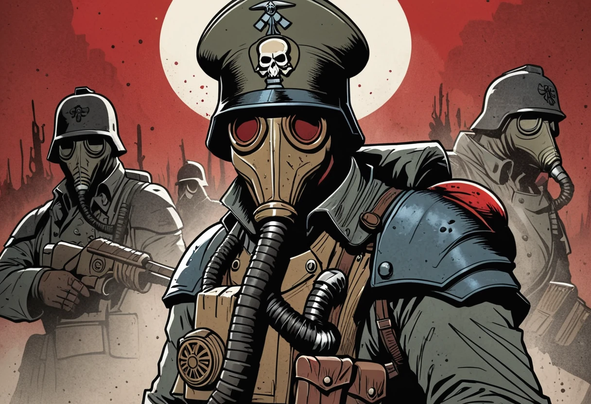 (Digital Illustration), Death Korps of Krieg Soldier, gas mask, bloody, portrait, dynamic composition, comic book \(style\), bold lines, focus on dramatic shading, red splashes, (lineart), linear, limited color palette, extremely detailed,
<lora:Death-Korps-000007:1>