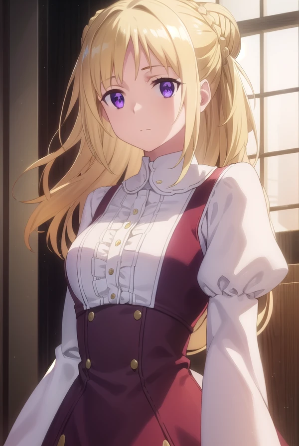 ortfinefrederickavoneylstadt, <lora:ortfine fredericka von eylstadt s1-lora-nochekaiser:1>,
ortfine fredericka von eylstadt, long hair, blonde hair, (purple eyes:1.1), braid, hair bun, single hair bun,
BREAK long sleeves, dress, ribbon, pantyhose, shoes, puffy sleeves, brown footwear, green dress, juliet sleeves, frills,
BREAK indoors, castle,
BREAK looking at viewer, (cowboy shot:1.5), dynamic pose,
BREAK <lyco:GoodHands-beta2:1>, (masterpiece:1.2), best quality, high resolution, unity 8k wallpaper, (illustration:0.8), (beautiful detailed eyes:1.6), extremely detailed face, perfect lighting, extremely detailed CG, (perfect hands, perfect anatomy),