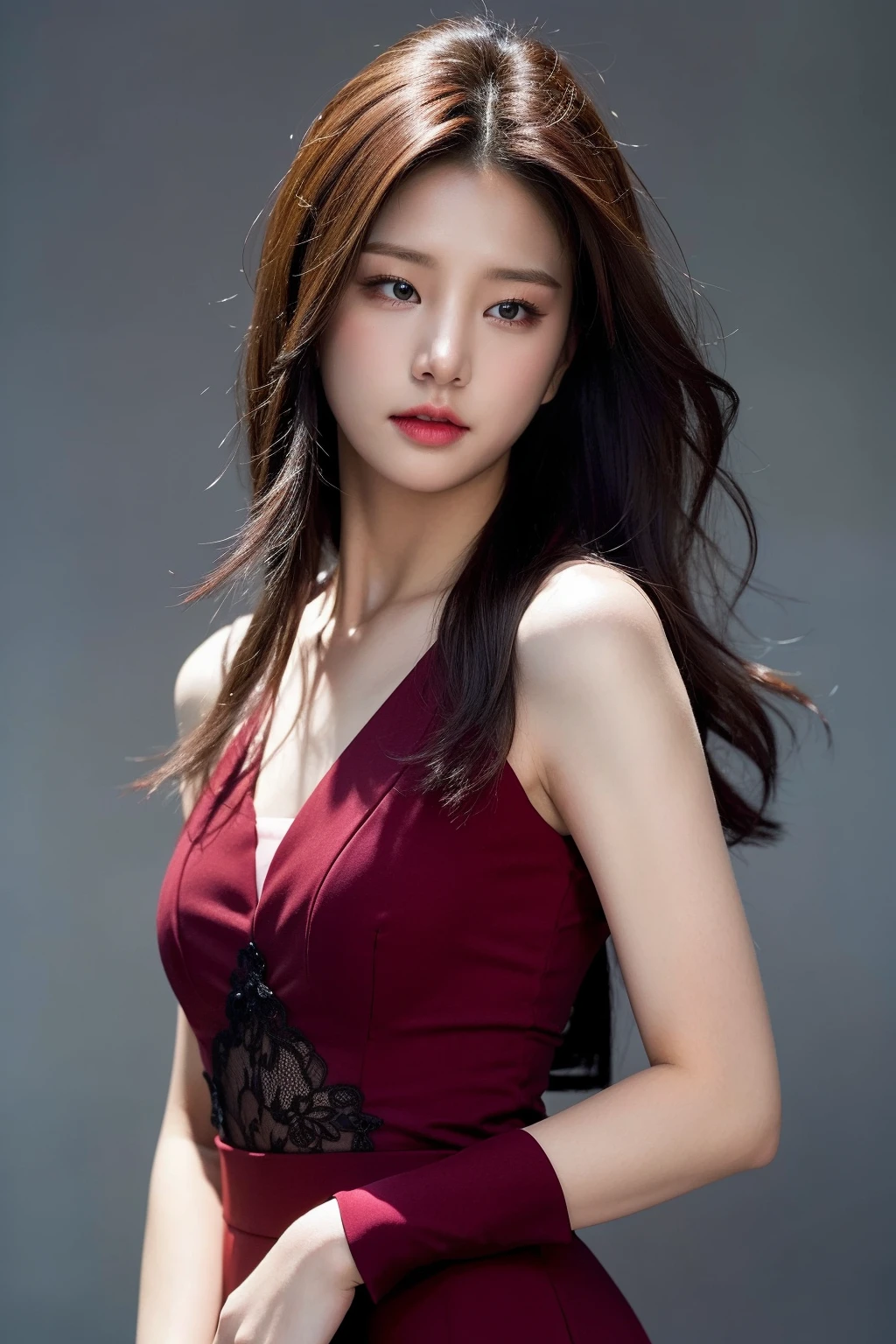 Best quality, masterpiece, ultra high res, (photorealistic:1.4), raw photo,1girl, solo, realistic, looking at viewer, upper body,simple gray background, formal dress, <lora:makina69_solbin_v1.0:1>