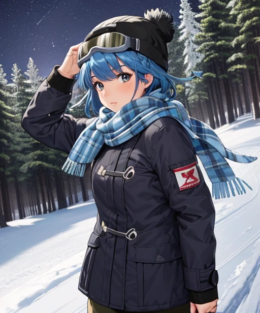 (adult woman), (1girl, solo), (looking at viewer), (ski goggles, goggles on head), (ski cap, ski coat, scarf), (blue hair, braid), (grey eyes), ((trees, slope)), (night, stars), (best quality, high detail), ((masterpiece)), <lora:1_ino_20e:1>