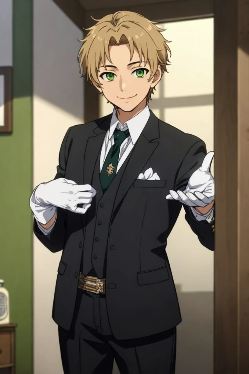 masterpiece, 1boy, mature male, cowboy shot, looking at viewer, smile, white glove, toshirop5t, suit, shirt, necktie, short hair, rudeus office, green eyes,