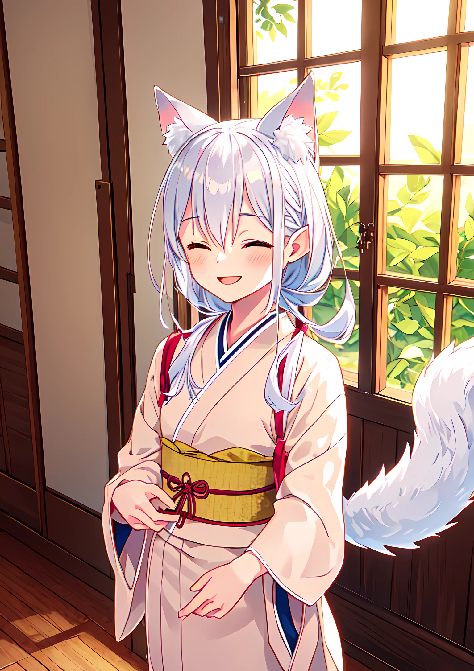 <lora:Fumino:0.7>,Fumino,1girl,super fine illustration,masterpiece,best quality,happy smile,great joy,close one's eyes,japanese clothes,animal ears,pointy ears,extra ears,tail,indoors,kimono,