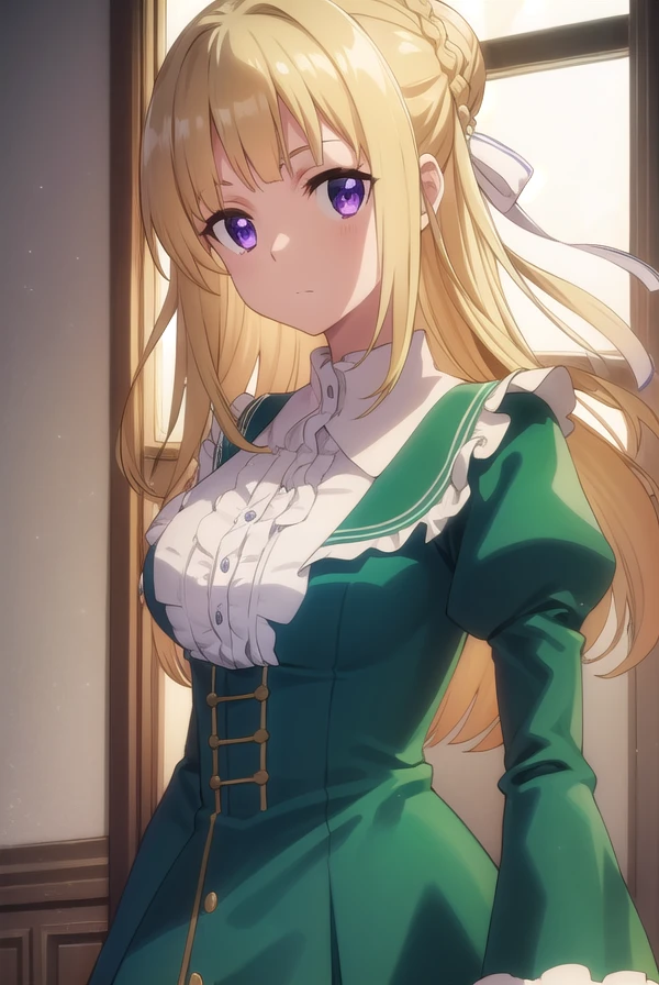 ortfinefrederickavoneylstadt, <lora:ortfine fredericka von eylstadt s1-lora-nochekaiser:1>,
ortfine fredericka von eylstadt, long hair, blonde hair, (purple eyes:1.1), braid, hair bun, single hair bun,
BREAK long sleeves, dress, ribbon, pantyhose, shoes, puffy sleeves, brown footwear, green dress, juliet sleeves, frills,
BREAK indoors, castle,
BREAK looking at viewer, (cowboy shot:1.5), dynamic pose,
BREAK <lyco:GoodHands-beta2:1>, (masterpiece:1.2), best quality, high resolution, unity 8k wallpaper, (illustration:0.8), (beautiful detailed eyes:1.6), extremely detailed face, perfect lighting, extremely detailed CG, (perfect hands, perfect anatomy),