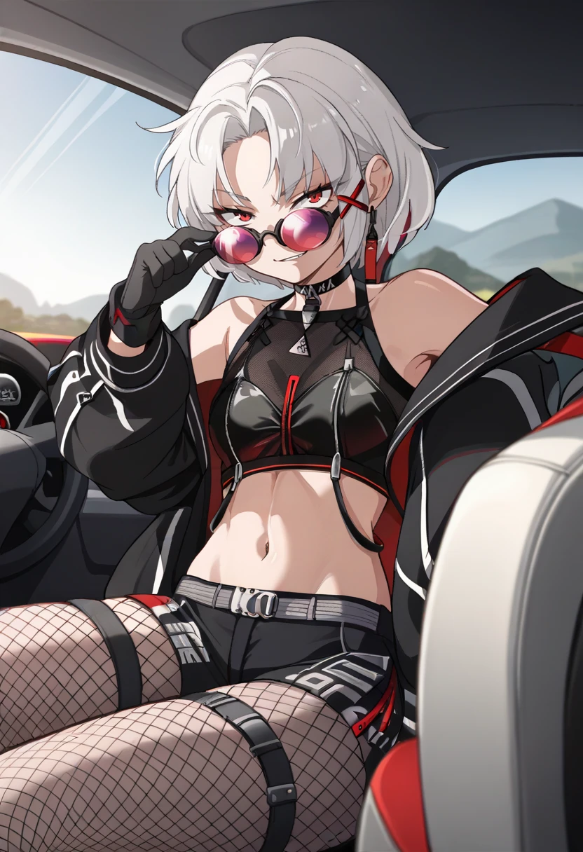 score_9, score_8_up, score_7_up, source_anime BREAK 1girl, <lora:drake-nikke-richy-v1_pdxl:1> drakercr, short hair, white hair, red eyes, earrings, x hair ornament, sunglasses, tinted eyewear, looking over eyewear, black jacket, off shoulder, choker, crop top, midriff, navel, black shorts, fishnet pantyhose, black gloves, thigh strap, driving, looking at viewer, steering wheel, sitting, smirk