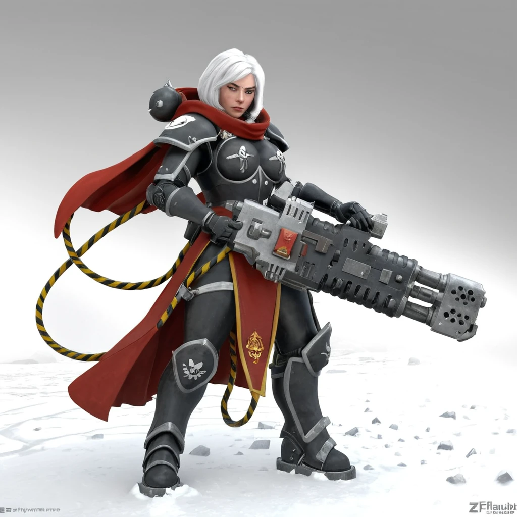 solo sister of battle, white hair, black and red power armor, aiming (a hvyflamer weapon with yellow and black fuel pipes) in her hand, red cloak, white hair,   snow, ice, blizzard, battlefield, glory, charge,  High quality 3D rendering, fantasy, Pixar 3D character design style, ZBrush high-polygon modeling,